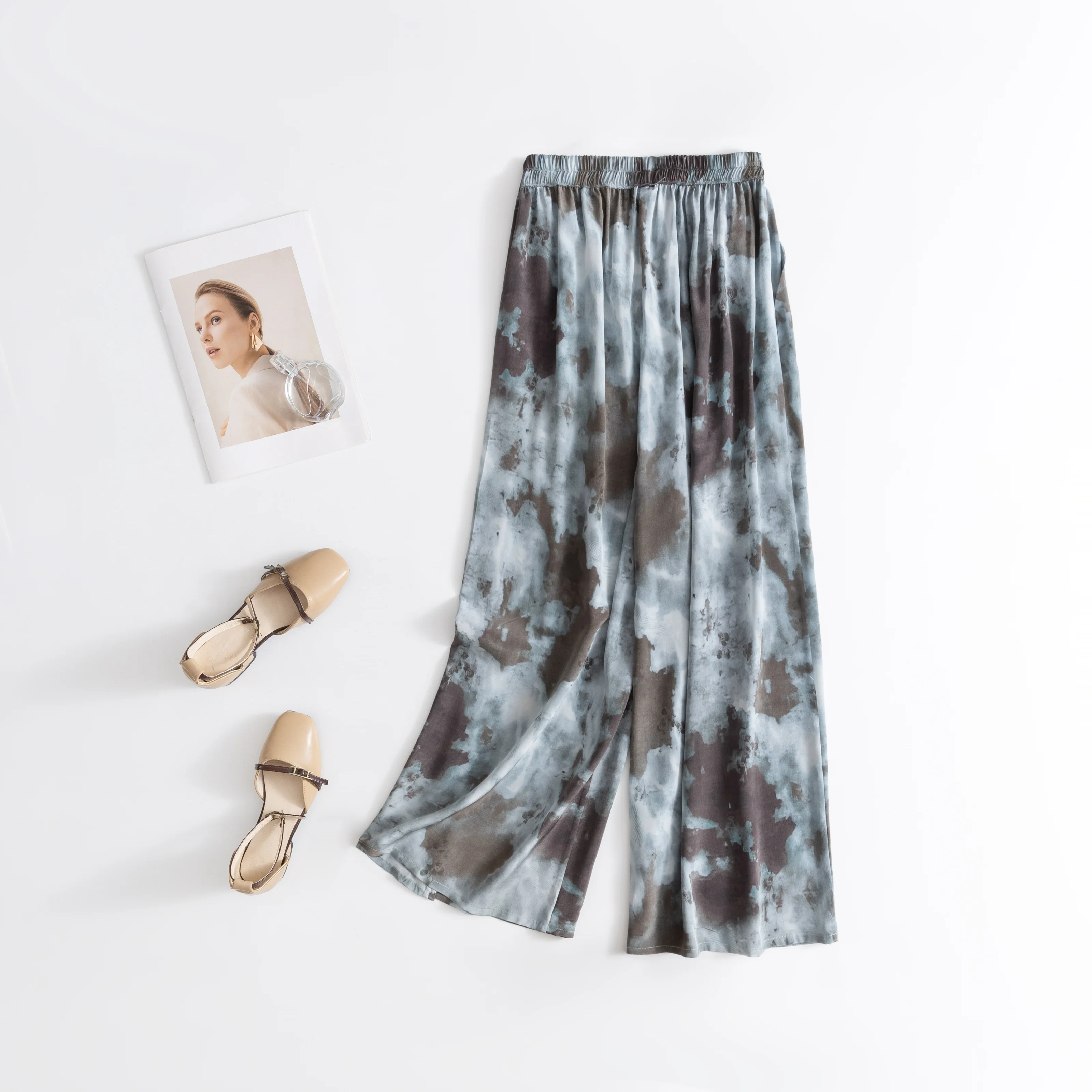 Women's Summer New Style Denim Style 100% Natural Mulberry Silk 03 Crepe De Chine Versatile Casual Wide Leg Pants