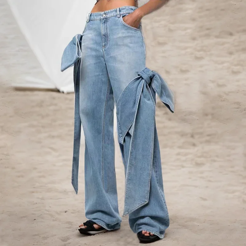 Women Street Fashion High Waist Zipper Fly Wide Leg Straight String Jeans Trousers 2024 Summer Chic Denim Pants