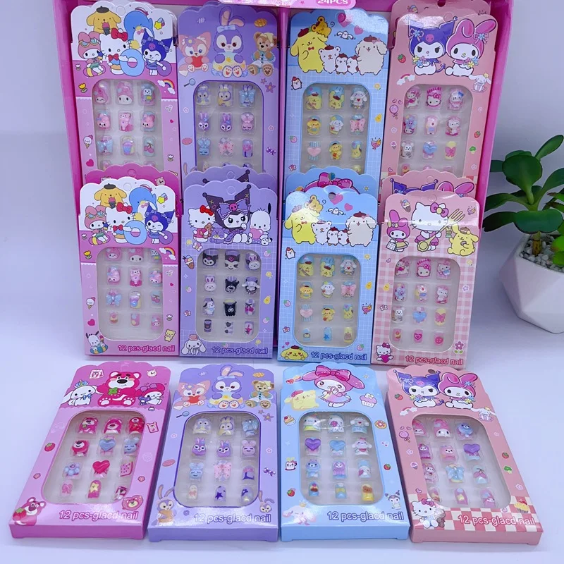 24 Card Sanrio Kuromi Melody Hellokitty Cute Kawaii Cartoon 3d Manicure Fake Nails Patch Cute Manicure Set Gift