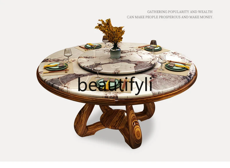 

New Chinese marble home dining table modern turntable table solid wood dining table and chairs