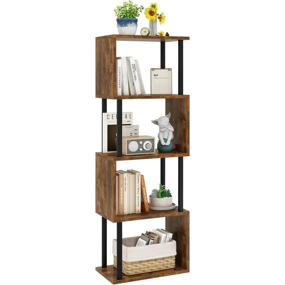

5-Tier Tall Bookshelf, S-Shaped Geometric Display Shelves, Wood Storage for Living Room, Bedroom, Home Office, Rustic Brown