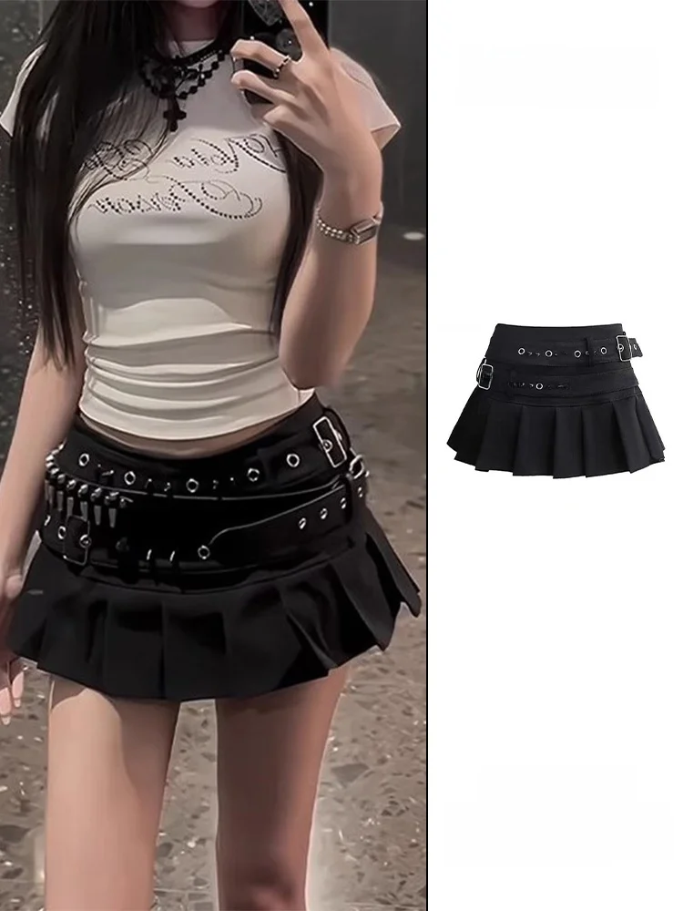 Y2K Spicy Girl Rivet Low Waist Heavy Work Bla ort Skirt Women Summer f-length Pleated Skirt Anti-exposure  Skirt
