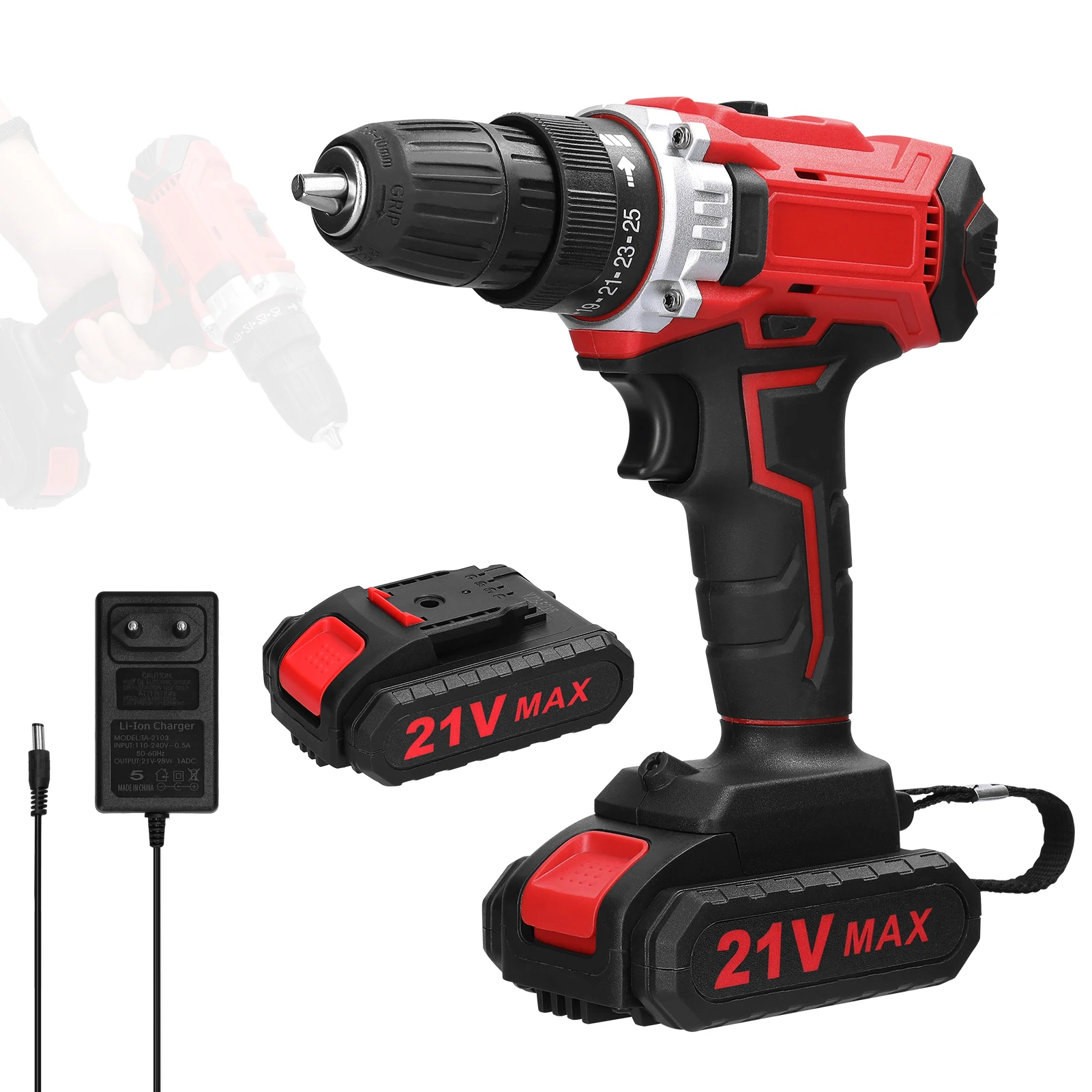 

Household 21V Electric Drill 2 Speeds Control Stepless Speed Regulation Rotation Ways 25 Gears Torques Adjustable Lithium Drill