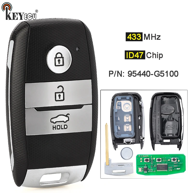 KEYECU 434MHz ID47 Chip PN: 95440-G5100 Keyless-Go Smart Remote Control Key Fob for Kia Niro 2016 2017 2018 3 Buttons