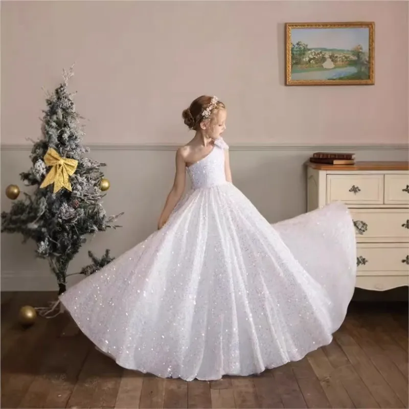 Baby Girl Princess Sequins Long Dress Toddler Child Elegant Soild Vestido Off Shoulder Wedding Birthday Party Baby Clothes 2-14Y