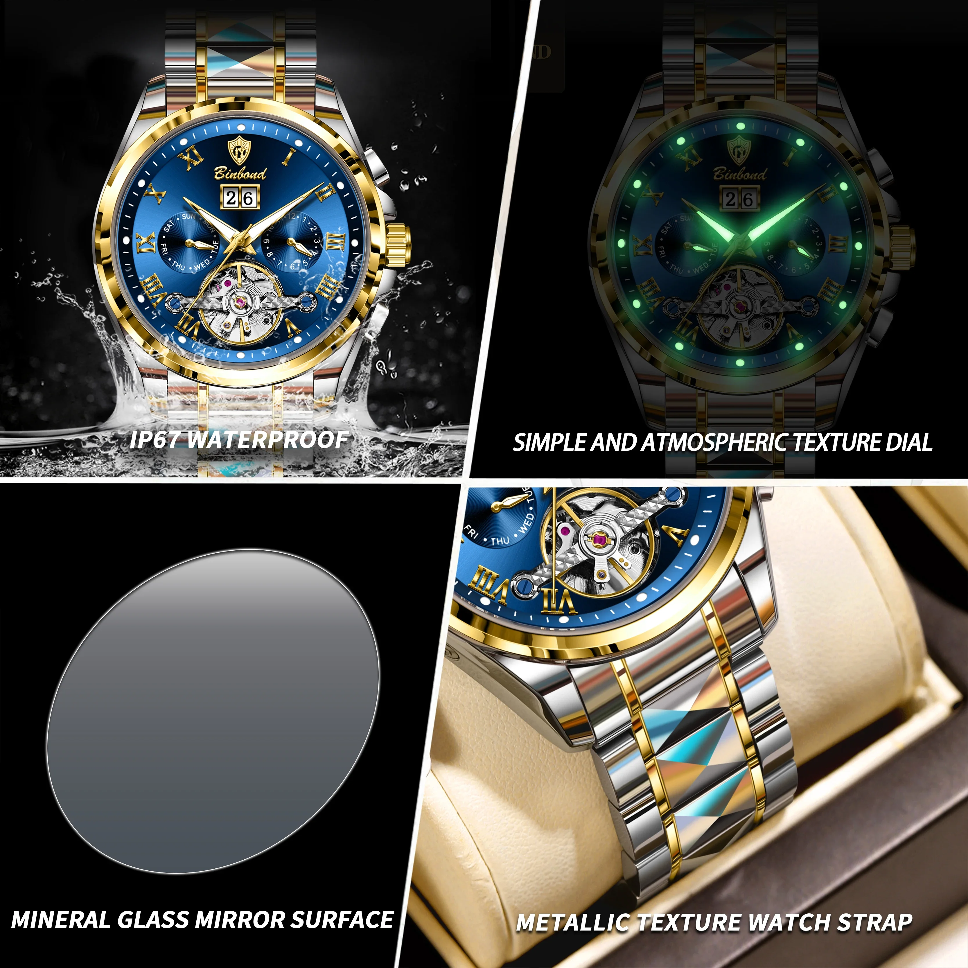 BINBOND أعلى الفاخرة التلقائية الميكانيكية الرجال ووتش تاريخ للماء ساعة اليد جوفاء توربيون الفولاذ المقاوم للصدأ ساعة رجالي الذكور #3