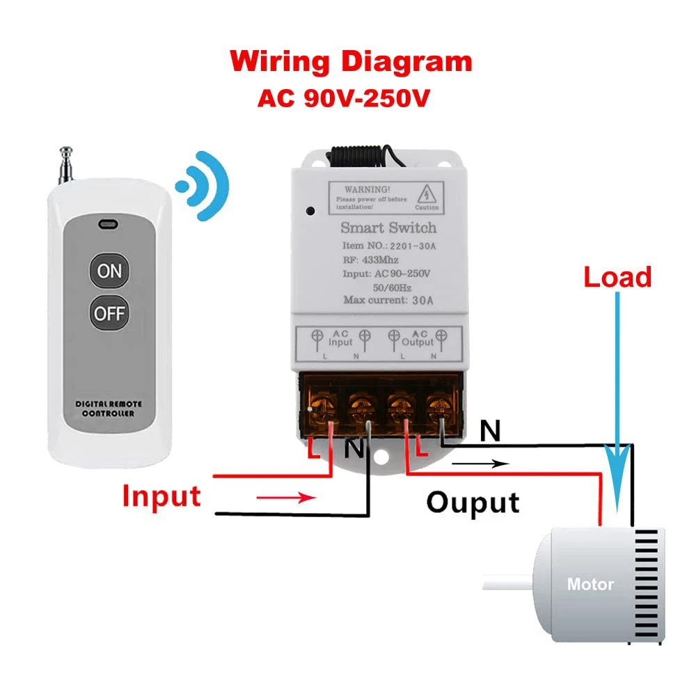 

433MHZ Wireless Remote Switch AC 110V/120V/220V/ 30A 1CH Relay RF Remote Control Light Switches for Pump Security System
