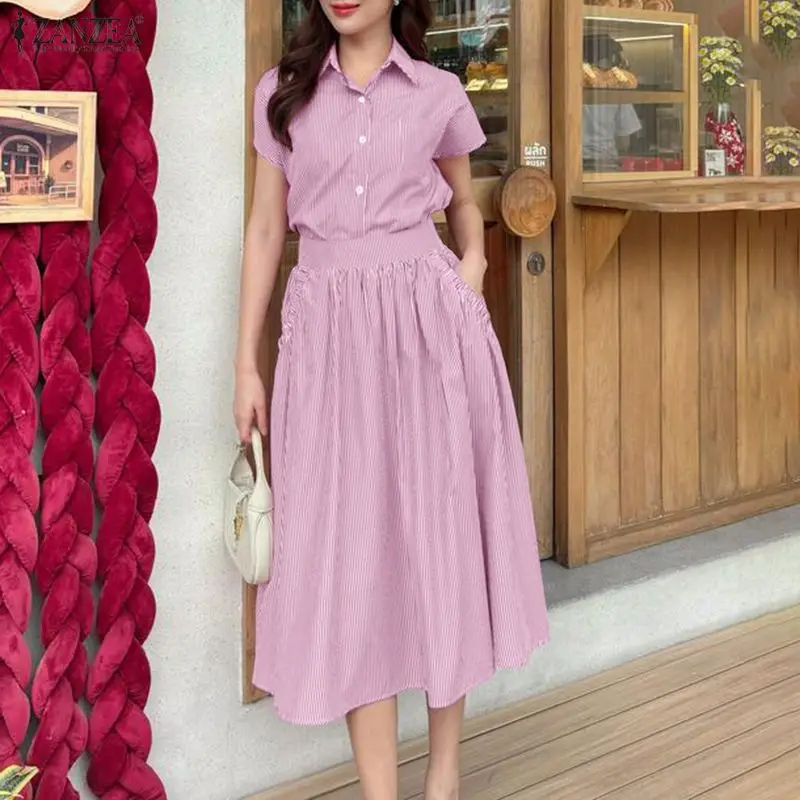 

Летний женский комплект из 2 предметов ZANZEA: элегантная рубашка с отложным воротником и коротким рукавом, платье миди с эластичной талией, полосатый офисный костюм 2026