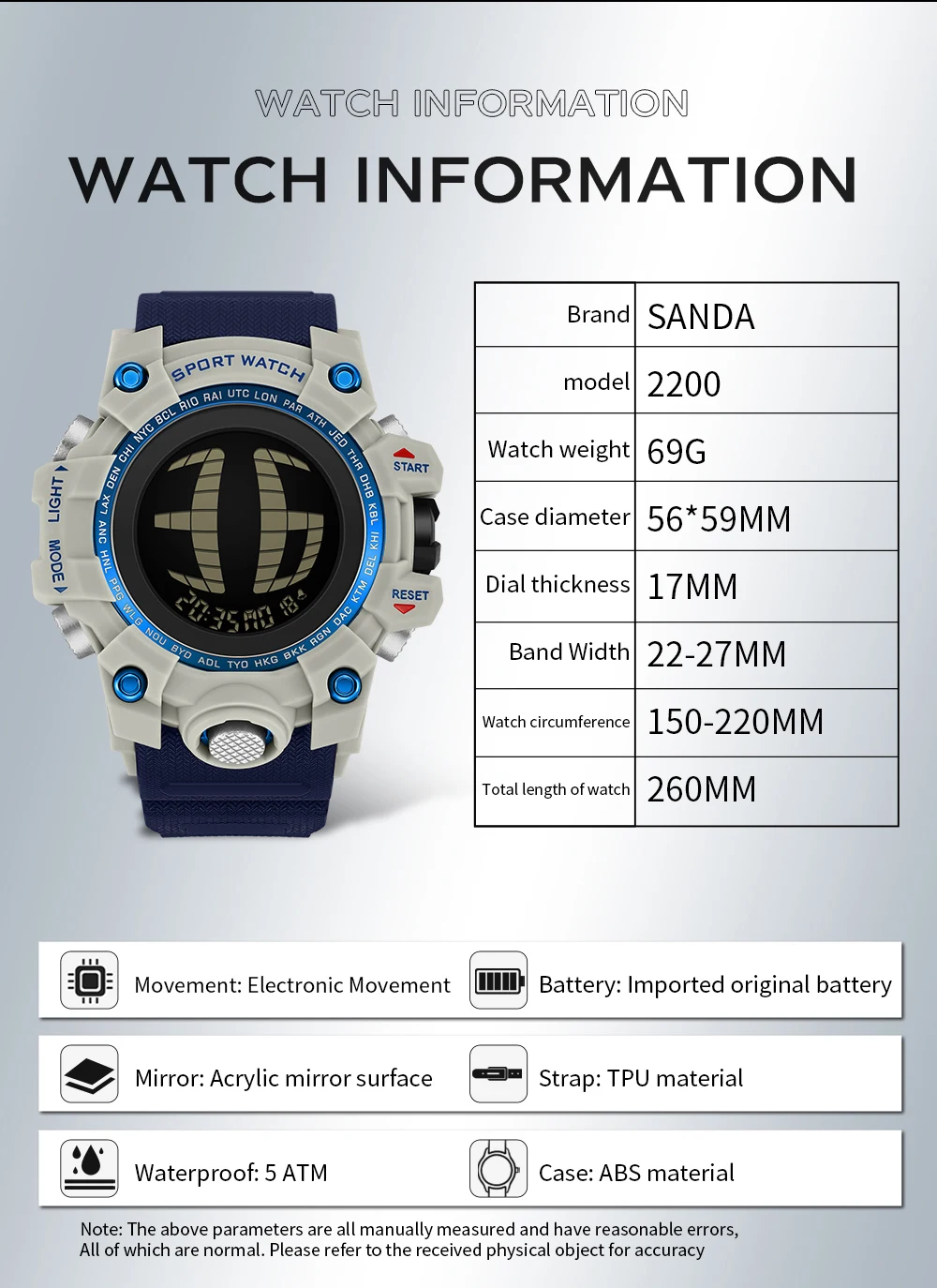 SANDA 2200 New Men's Electronic Watch Multifunction Chronograph Luminous Calendar Waterproof Outdoor Sports Watches for Man