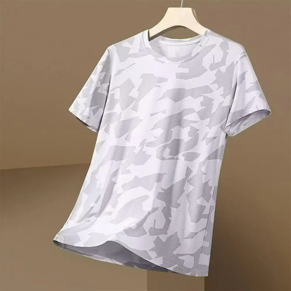 Summer Men T-shirt Round Neck Short Sleeves Thin Quick-drying Loose Camouflage Print Pullover Mid Length Casual Sport Travel Top