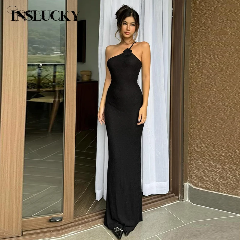 

InsLucky Sexy Turndown Collar Backless Elegant Floor-Length Dresses Women 3D Rose Decoration See Through Bodycon Long Dress 2024