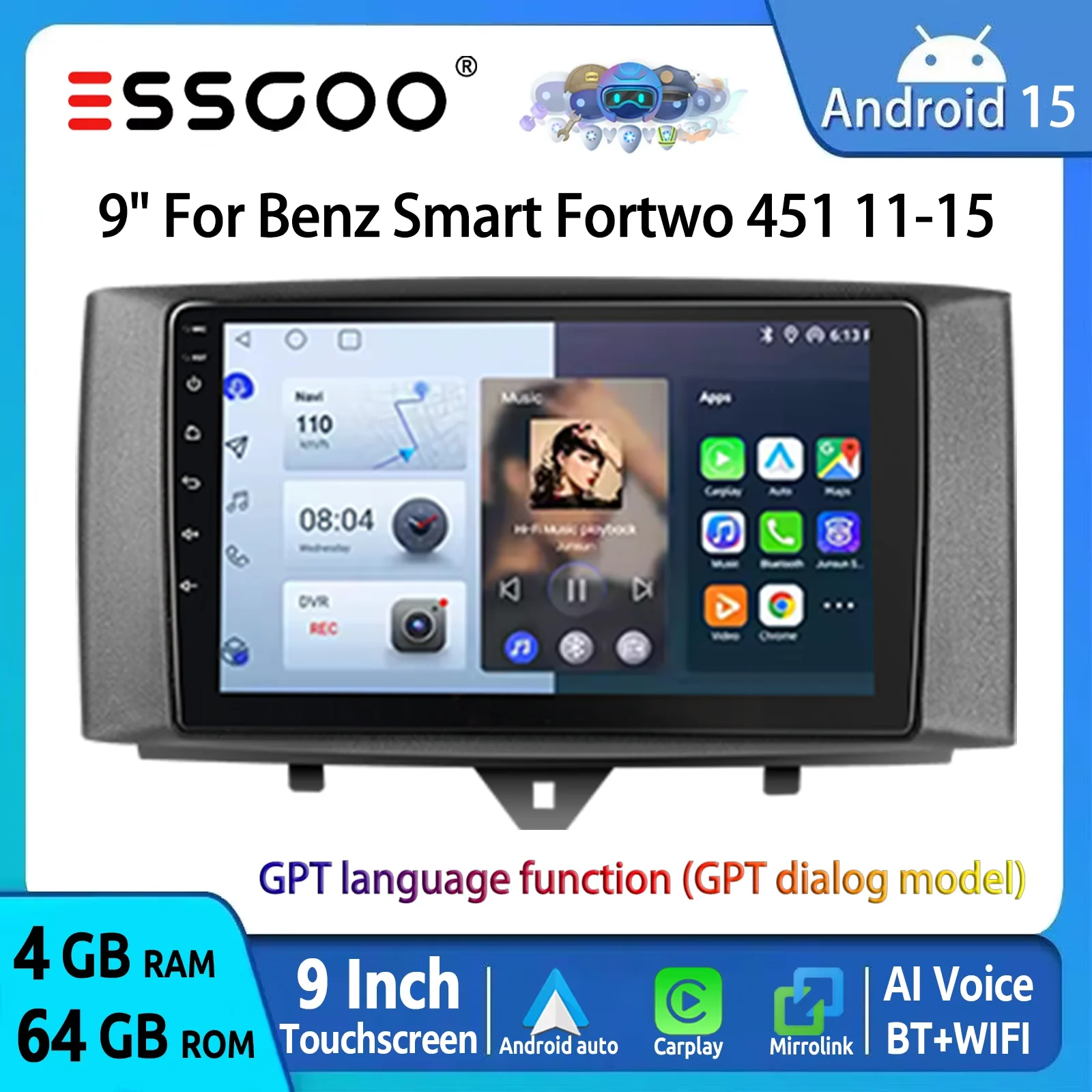 ESSGOO Autoradio Android 15 Multimedia-Videoplayer für Smart Fortwo 451 2011-2015 GPS Navigation Wireless CarPlay Android Auto WIFI FM BT RDS Lenkradsteuerung KI-Stimme ChatGPT 9" Touchscreen