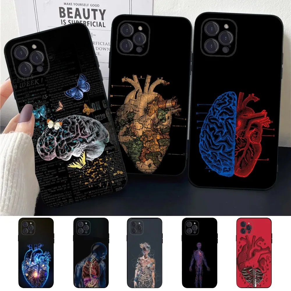 Heart Anatomy Skull Bones Phone Case For Apple iPhone 15,14,13,12,11,XS,XR,X,8,7,Pro,Max,Plus,mini Silicone Black Cover