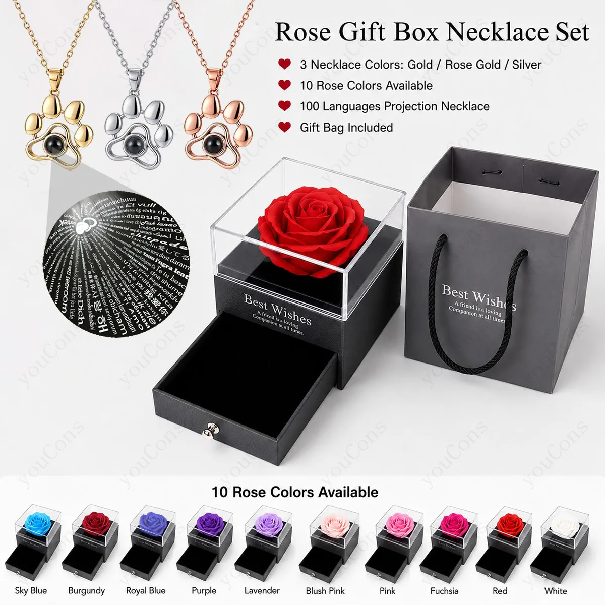 100 Languages I Love You Projection Necklace Dog Claw Pendant With Multi Color Rose Gift Box Valentine's Mother's Day For Women