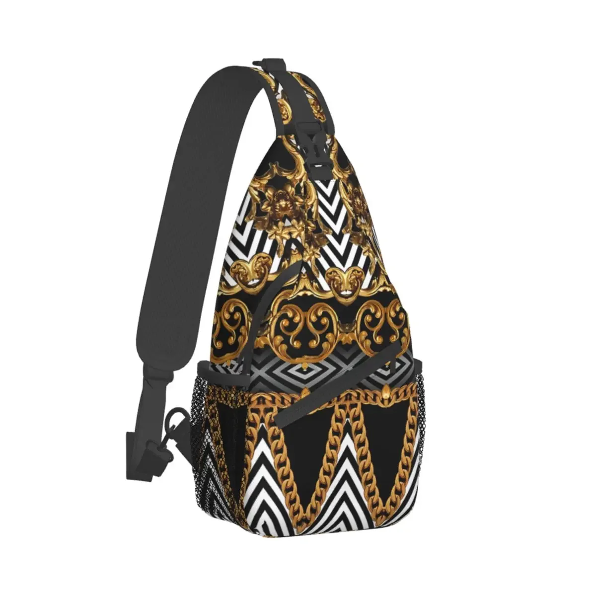 Golden Ornamental Baroque Geometric Crossbody Chest Bags Mythology Pockets Travel Pack Messenger Sports Shoulder Bag