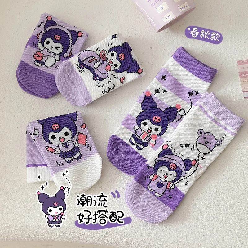 5 pares de calcetines a media pantorrilla Sanrio Kuromi para niña, nuevos calcetines de algodón con dibujos de Hello Kitty para otoño, regalos para niñas