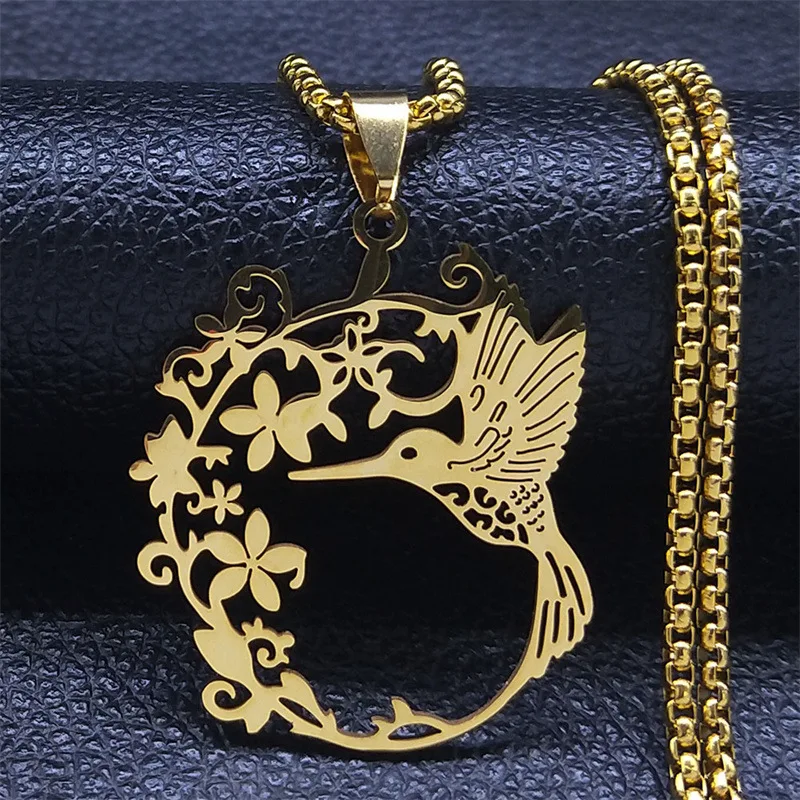 Bird Hummingbird Flower Necklace Women's Stainless Steel Gold Color Animal Literature and Art Necklaces Jewelry Sweater Chain