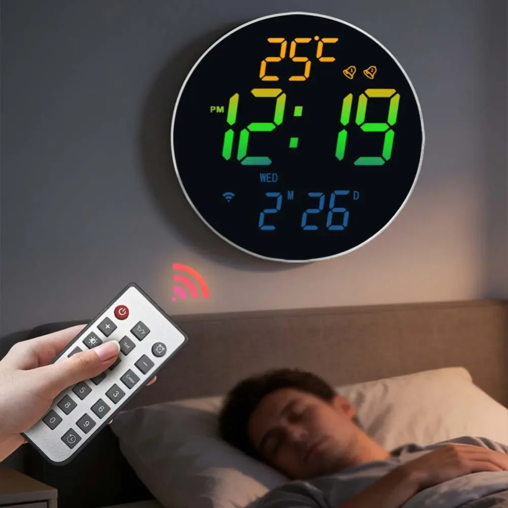 Smart Wall Clock with RGB Display Light Sensor Wireless Synchronization and For Perpetual Calendar for Study and Work