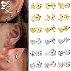 ZS 1Piece 20G Stainless Steel Ear Studs Butterfly Heart Shape Stud Earring Golden Ear Piercing Helix Cartilage Piercings Jewelry
