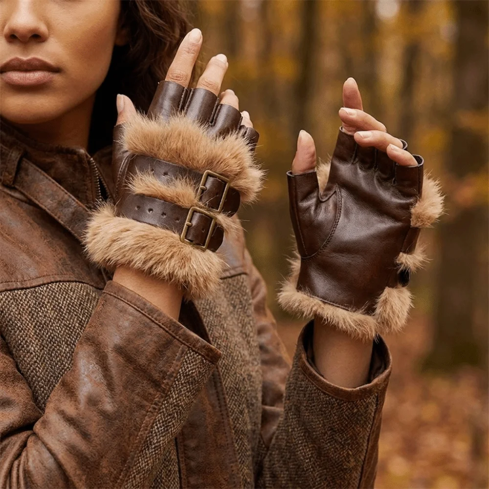 Vintage Faux Fur Fingerless Gloves Adjustable Buckle Furry PU Leather Mittens Warm Realistic Gauntlet Cosplay