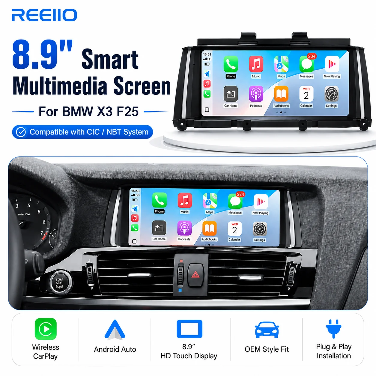 8,9" Kabelloses CarPlay für den BMW X3 F25 X4 F26 2011-2016 CIC/NBT-System Android Auto Navigation Monitor Touchscreen BT Auto Link