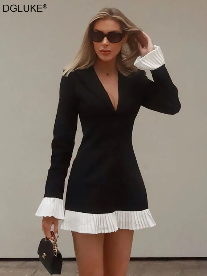 

DGLUKE Black Blazer Dress Women 2025 Spring Long Sleeve Pleated Mini Dress Single Breasted Contrasted Hem Ladies Office Dress