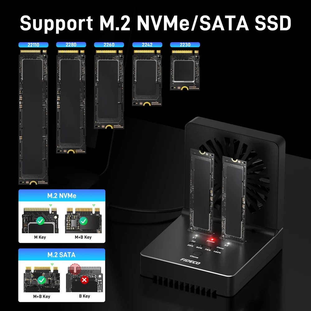 FIDECO M.2 NVMe SATA SSD Cloner Dock Dual-Bay 20Gbps SSD Enclosure with Foldable Cooling Fan Supports Offline Clone for M.2 Case view 6