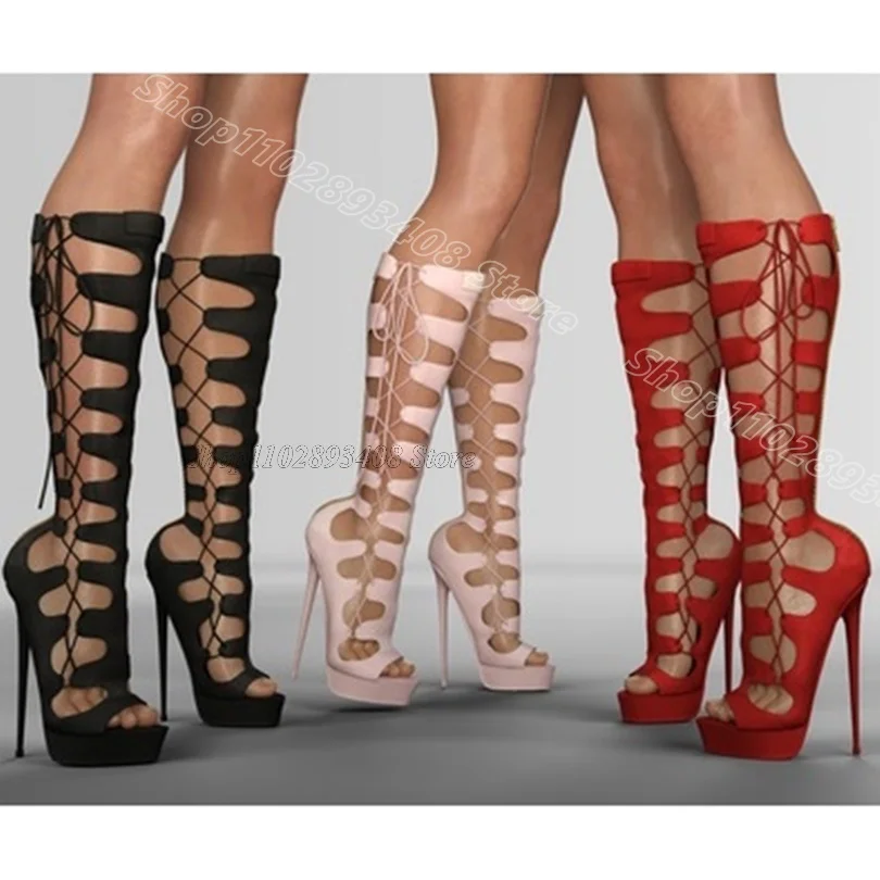 

Black Platform Lace up Sandal Boots Open Toe Solid British Style Stiletto Dress Casual Women Sandals 2024 Zapatos Para Mujere