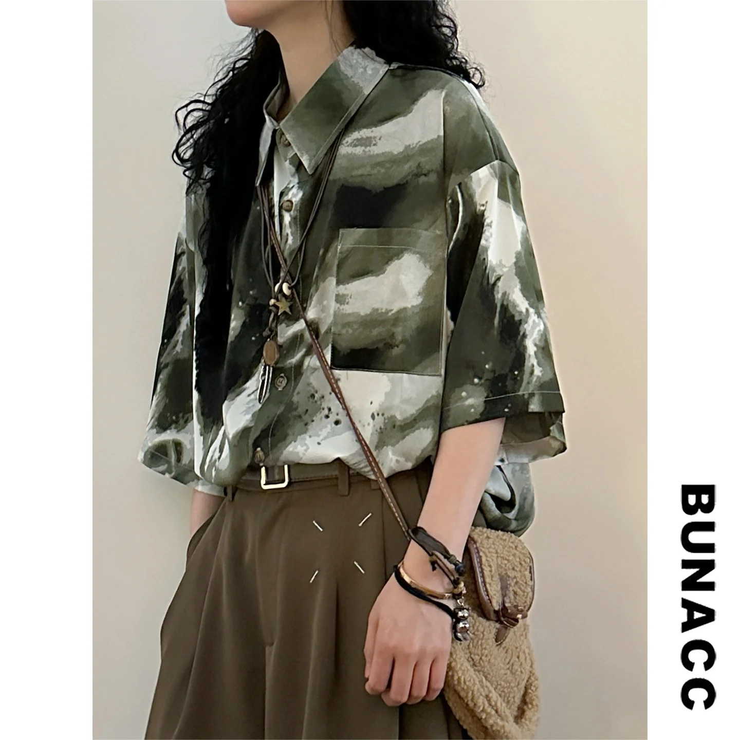 

Винтажная рубашка в американском стиле с коротким рукавом и воротником, летний топ для женщин, свободный крой, повседневная одежда, износостойкая ткань