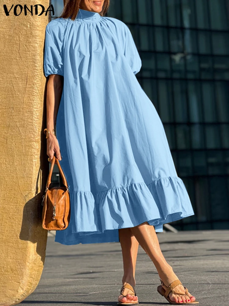 

Плюс размер 5XL VONDA женское летнее платье с коротким рукавом однотонное платье миди с рюшами элегантное платье Vestidos 2025 с галстуком-бабочкой на шее повседневное платье