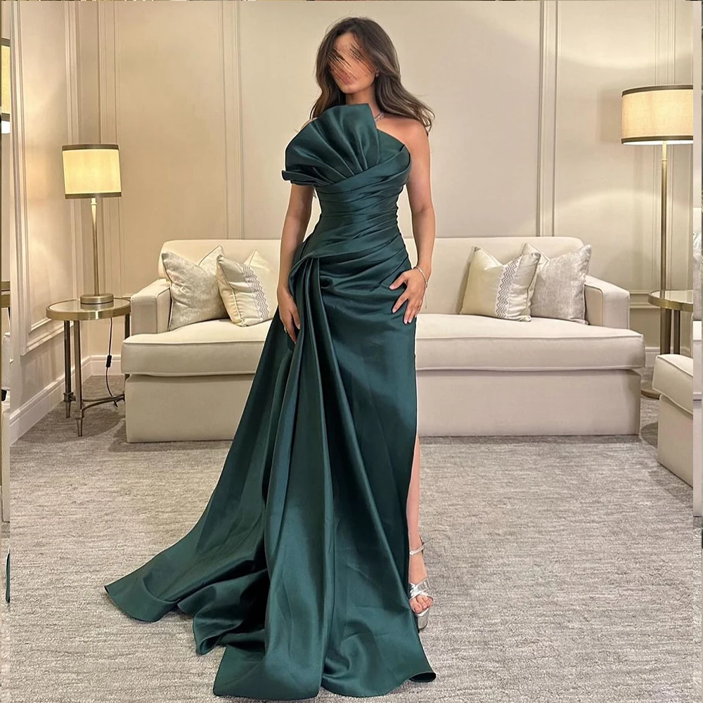 

Customized Modern Side Slit Panel Train Scalloped Prom Gown Graceful Straight Satin Green Evening Dress vestidos para mujer