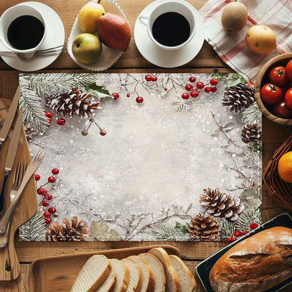 Icy Seasonal Pinecone & Red Berry Graphic Table Placemat Vintage Winter‑themed Household Dining Accessory