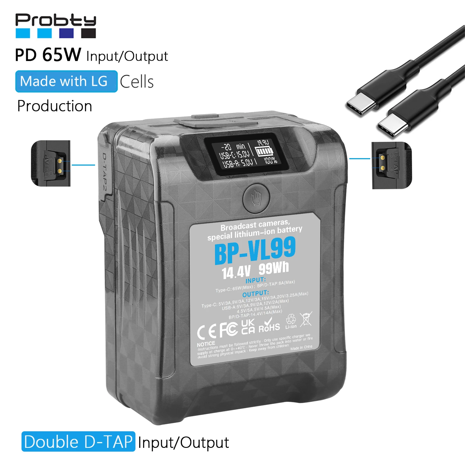 BP-VL99 Mini V Mount Battery LCD Display USB-C PD Fast Charging For Camera Camcorder Monitor Video Light