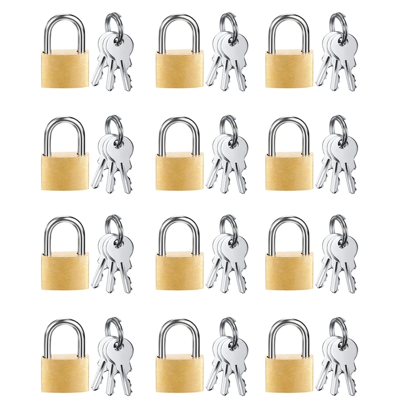 Mini cadeado de latão sólido, Cadeado pequeno com 3 chaves para bloqueio de bagagem, Mochila, Ginásio Locker Lock,Suitcase Lock, novo ouro, 12 Pack