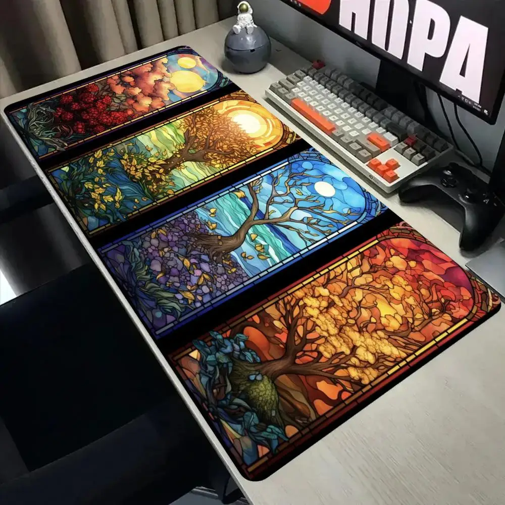 Stained Glass Four Seasons Tree Large Gaming Mouse Pad Non Slip Keyboard Desk Mat Colorful Art Desktop Mousepad Office Table Mat