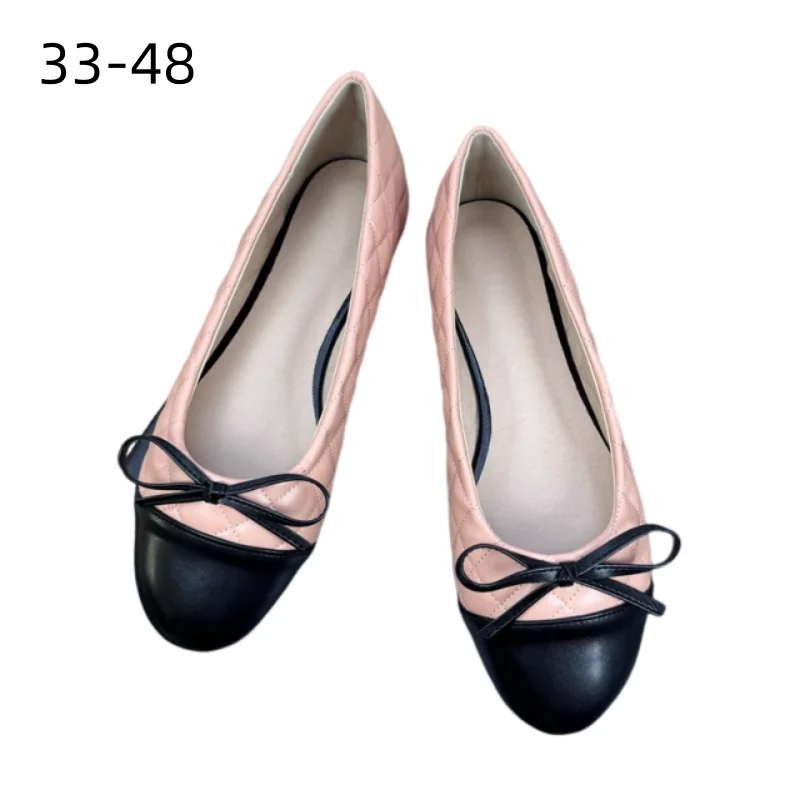 Women Round Toe Checkered Knot Flats Patchwork Shoes Seam Slip-On Soft Bottoms Ballet Footwear Female Plus Sizes 42 43 44 45 48