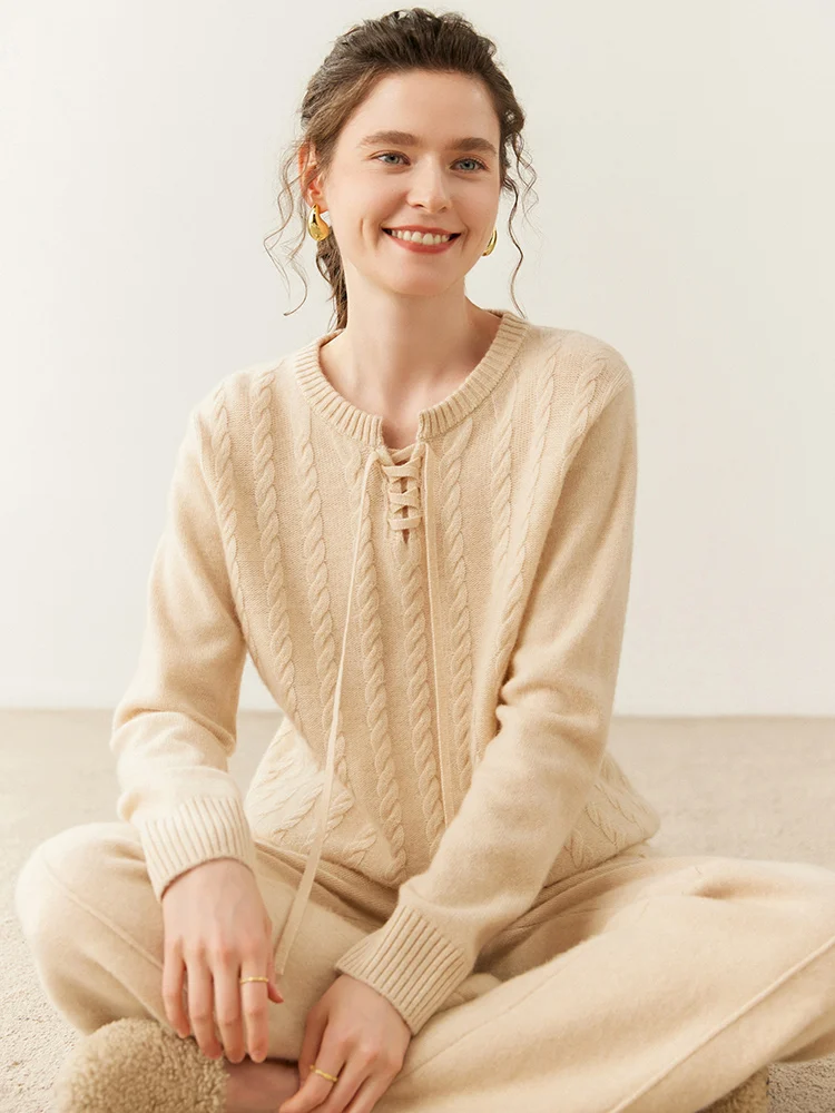 TLOML Women's 100% Cashmere Sweater Scissor Collar Lace-up Twisted Flower Pullover Autumn Winter Soft Thick Loose knitwear Tops