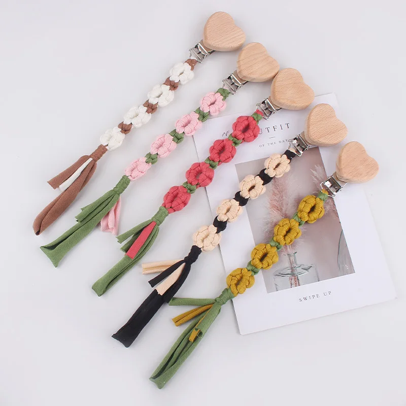 ABCPICK Wooden Baby Pacifier Clip Handmade Woven Cotton Rope Tassel Nipple Chain Anti-Drop Teether Infant Dummy Chain Bpa Free