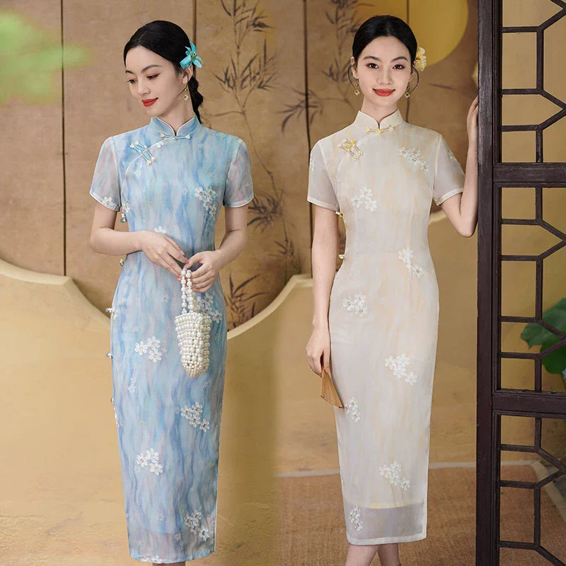 

Blue Chinese Style Long Modified Cheongsam 2025 Young Women Retro Slim Fit Short Sleeve Spring/Summer Qipao