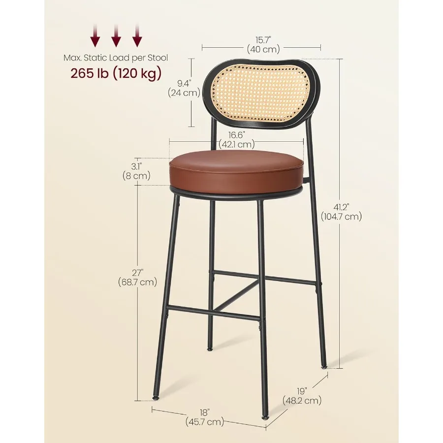 Bar Stools Set of 2 with Rattan Back and Metal Legs 30.1-Inch Tall Counter Chairs Modern Leather Upholstered Barstools for Kitc