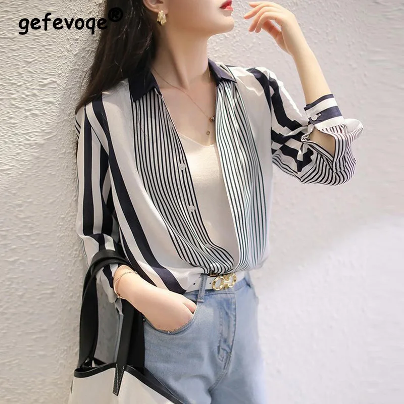 

Korean Style Chic Striped Print Office Lady Button Up Shirts 2023 Spring Casual Commute Long Sleeve Loose Tops Blouses for Women