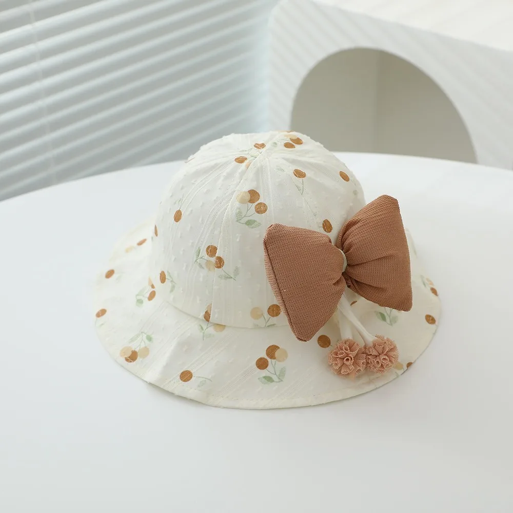 

Новые детские шляпы от солнца с большими полями, дышащая милая шляпа-ведро с бантом и вишневым бантом, защита от ультрафиолета, детская рыбацкая шляпа, летняя