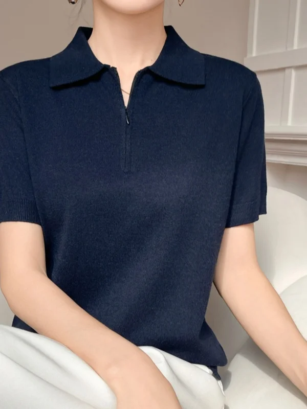 

Лето 2023, женская футболка из тонкой шерсти ort Sve f с открытым воротником на молнии, вязаный свободный топ, основание irt Busin Casual