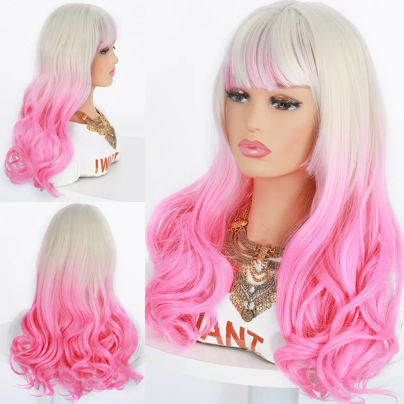 

New Women's Wig with Bangs Long Curly Hair Pink Gradient High-Temperature Fiber Wig