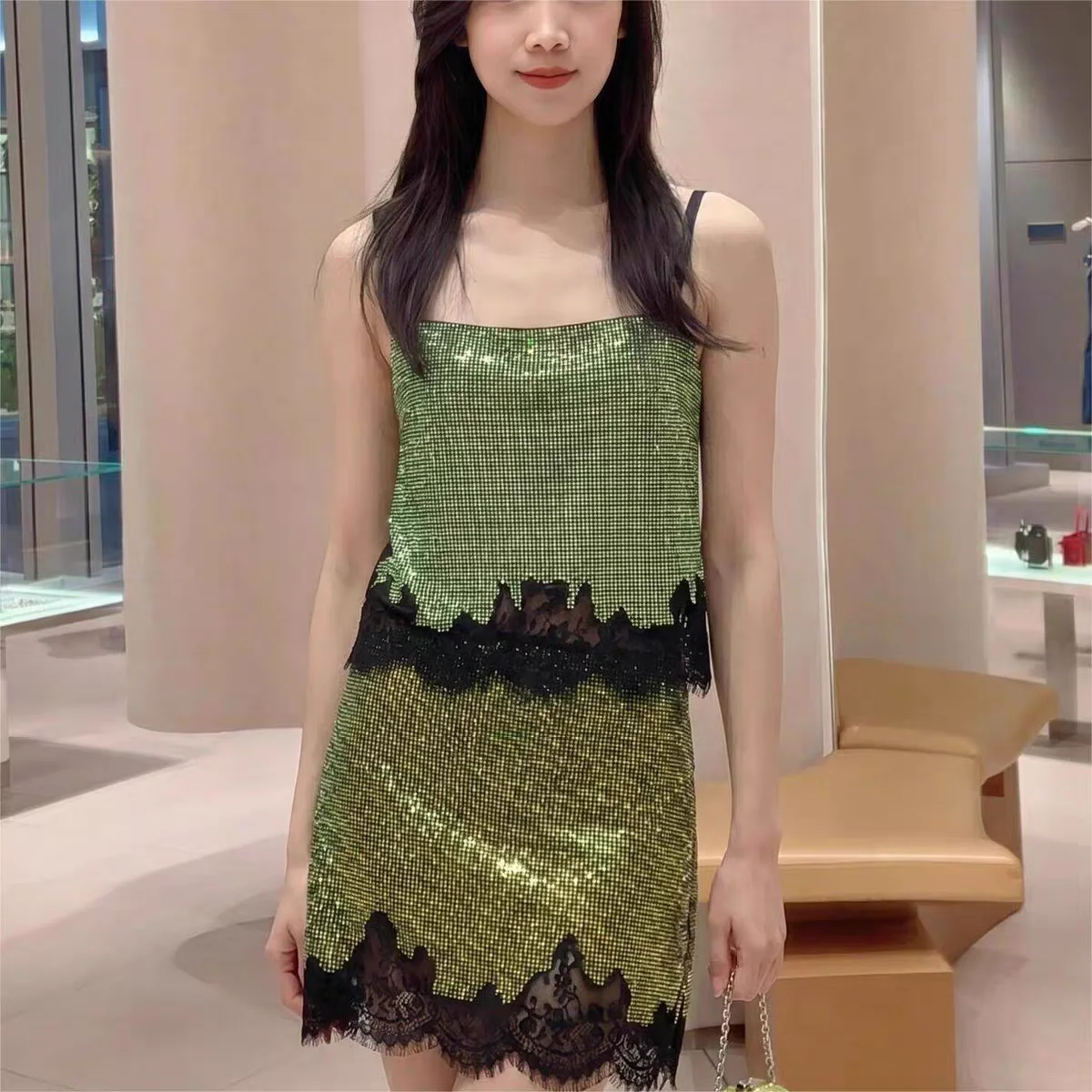 Women Green rhinestone lace splicing set fashion sexy sling tops + high waist mini skirt
