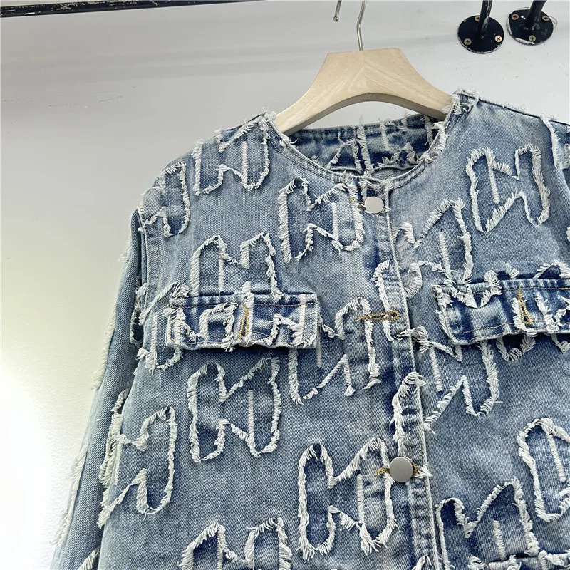 

Harajuku Vintage Washed Blue Frayed Burrs Short Denim Coat Women Round Neck Single-Breasted Long Sleeve Cowboy Jacket Streetwear