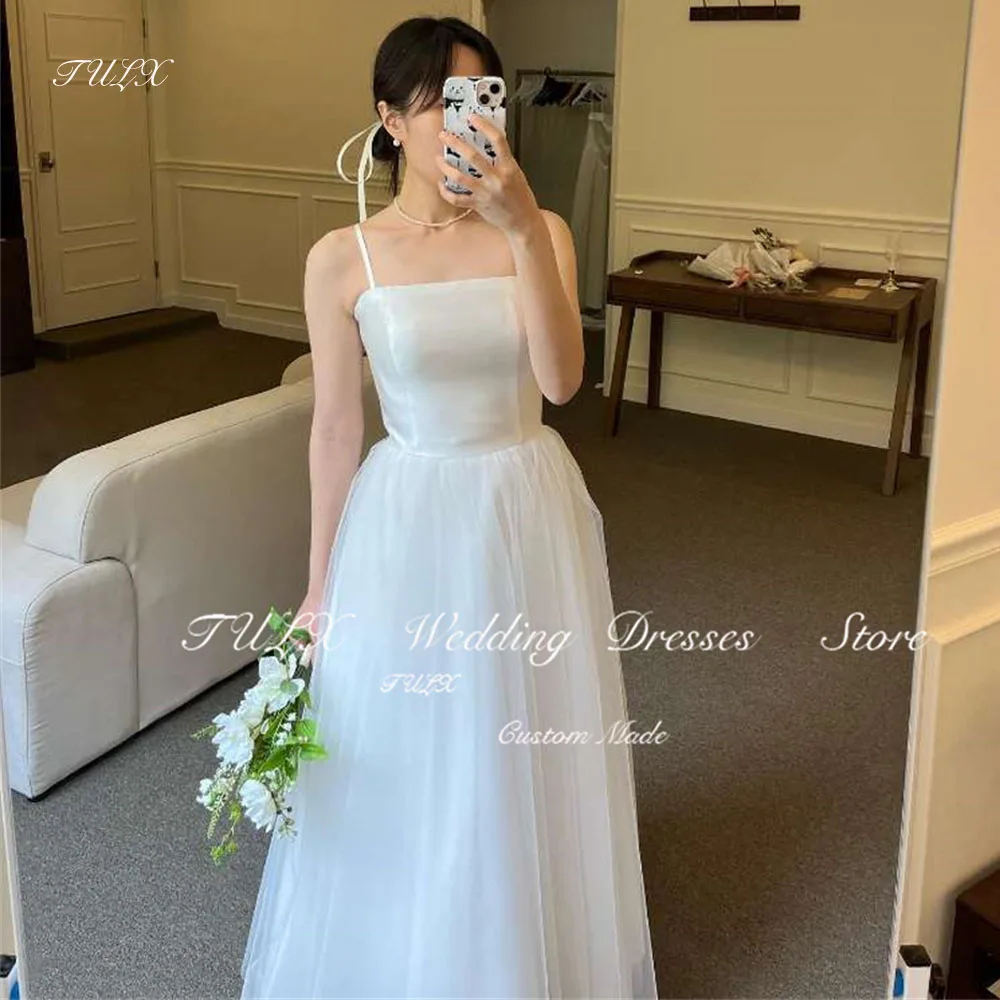 

TULX Spaghetti Straps Tulle A Line Korea Wedding Dresses Photoshoot Satin Bridal Gowns Plus Size Corset Back Floor Length 웨딩드레스