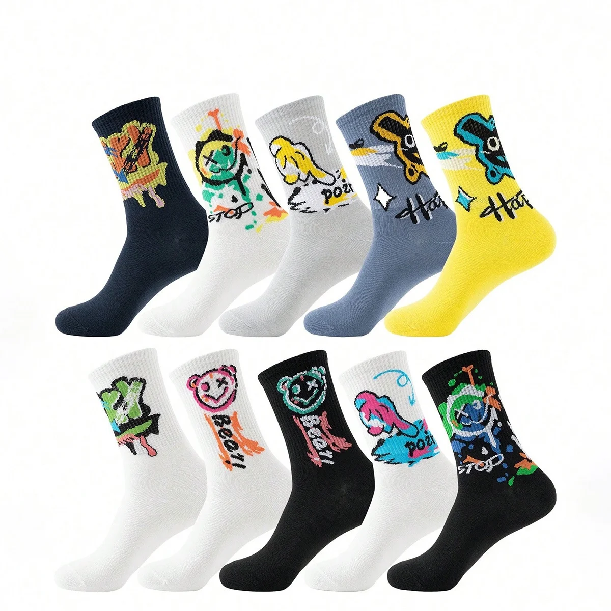 Multicolour Men\'s Crew Socks, Graffiti Street Fashion, Comfortable, Breathable, Moisture-Wicking