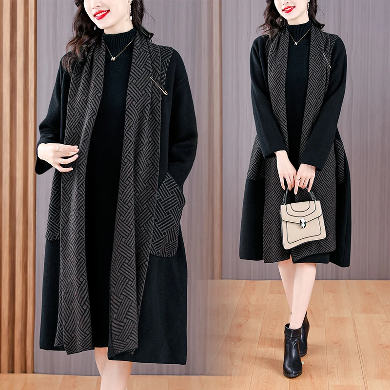 

2024 New Vintage Checkered Knitted Printed Long sleeved Windbreaker Coat for Women's Loose Large Size Slim Knee Length Coat