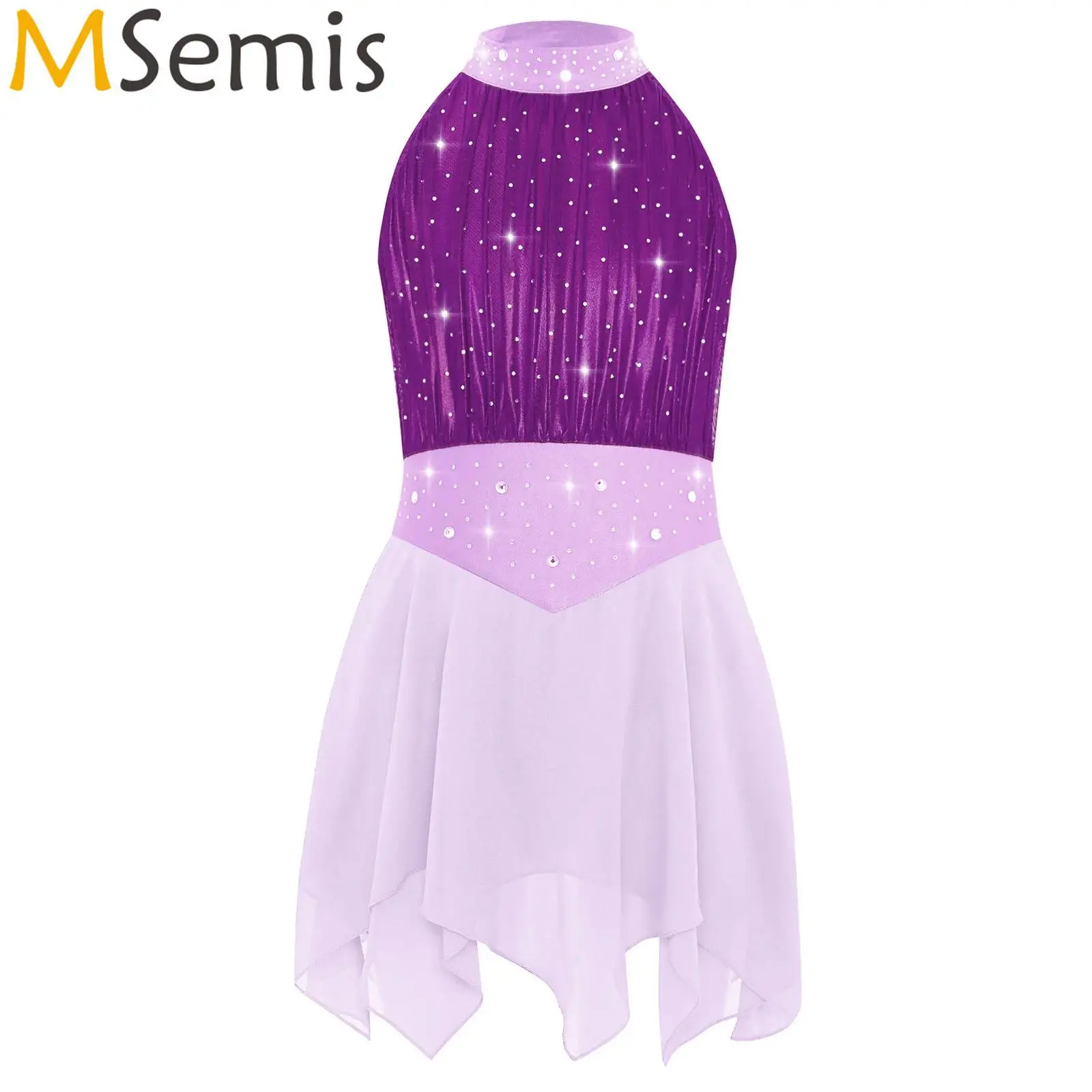 

Kids Girls Shiny Rhinestones Contemporary Lyrical Dance Dress Gymnastics Artistic Figure Skating Ballet Jersey Dance Costume